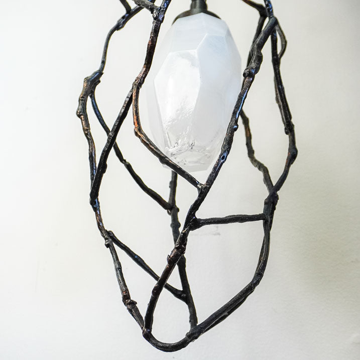 18-Inch W – Rustic Black Branch-Style Pendant with Frosted Glass Shade