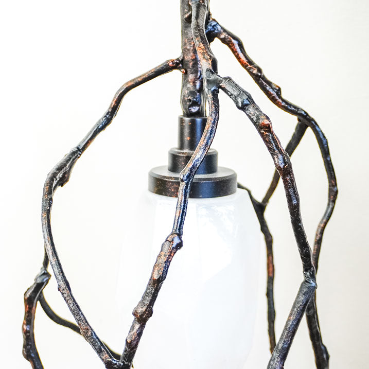 18-Inch W – Rustic Black Branch-Style Pendant with Frosted Glass Shade