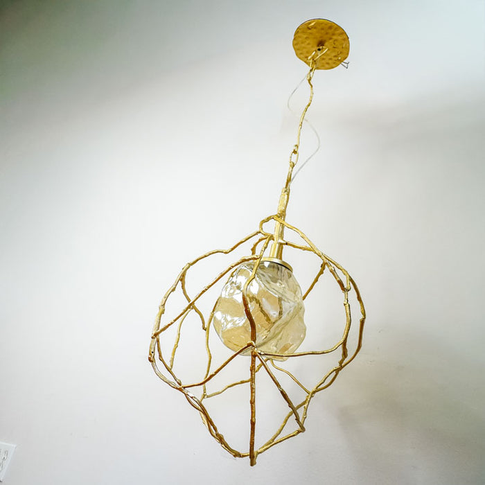 9-Inch W – Rustic Gold Branch-Style Pendant with Frosted Glass Shade