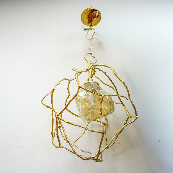 9-Inch W – Rustic Gold Branch-Style Pendant with Frosted Glass Shade