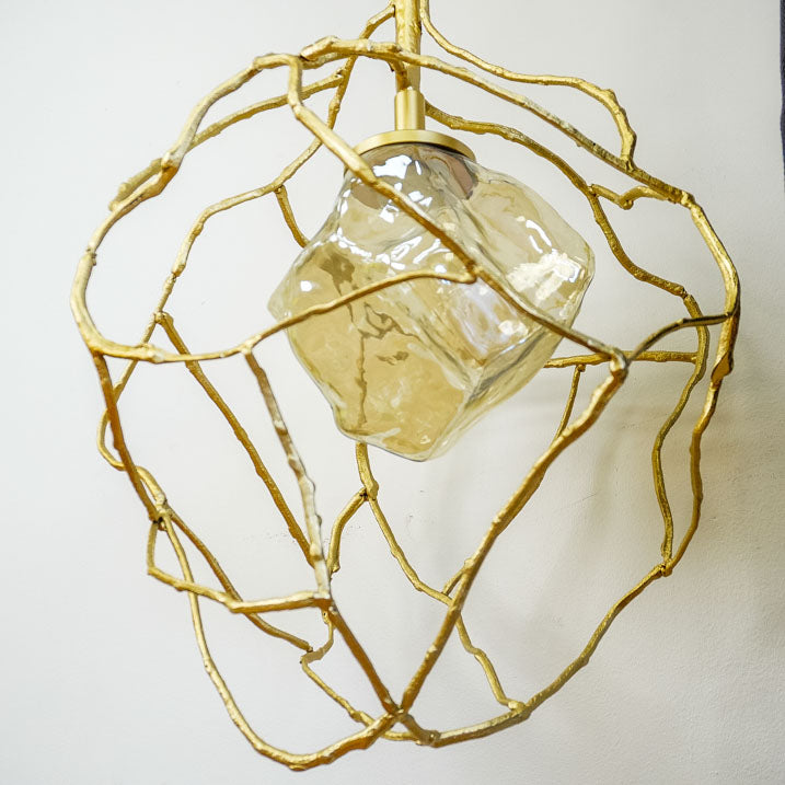 9-Inch W – Rustic Gold Branch-Style Pendant with Frosted Glass Shade