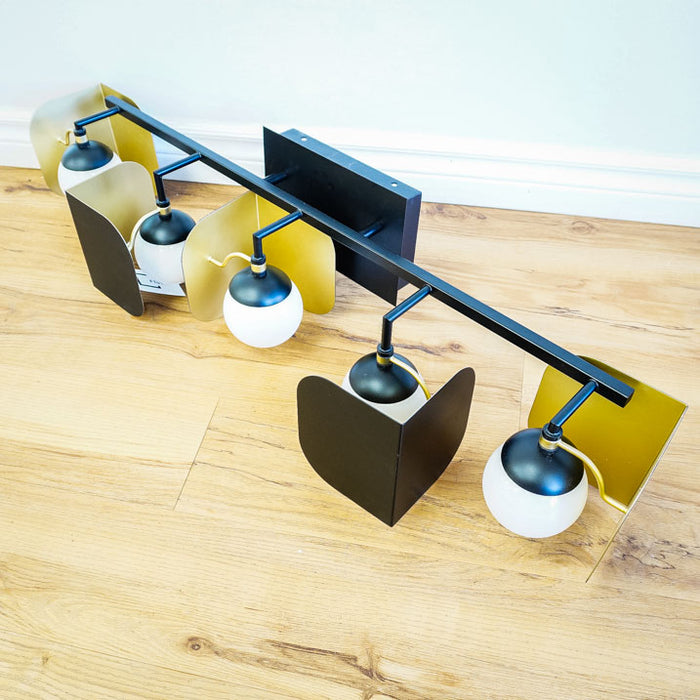 5-Light Cornice Wall Sconce with Black/Gold Accents and White Globes