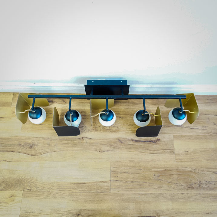 5-Light Cornice Wall Sconce with Black/Gold Accents and White Globes
