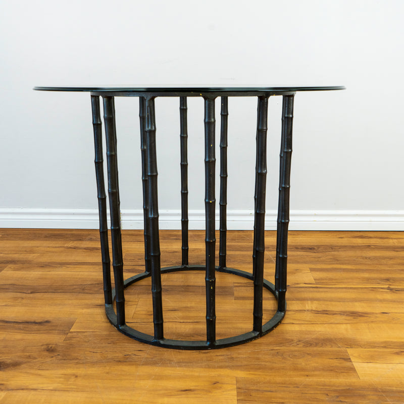 Metal Black Faux Bamboo Round Glass Top Accent Table