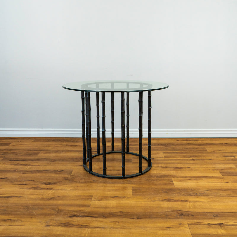 Metal Black Faux Bamboo Round Glass Top Accent Table