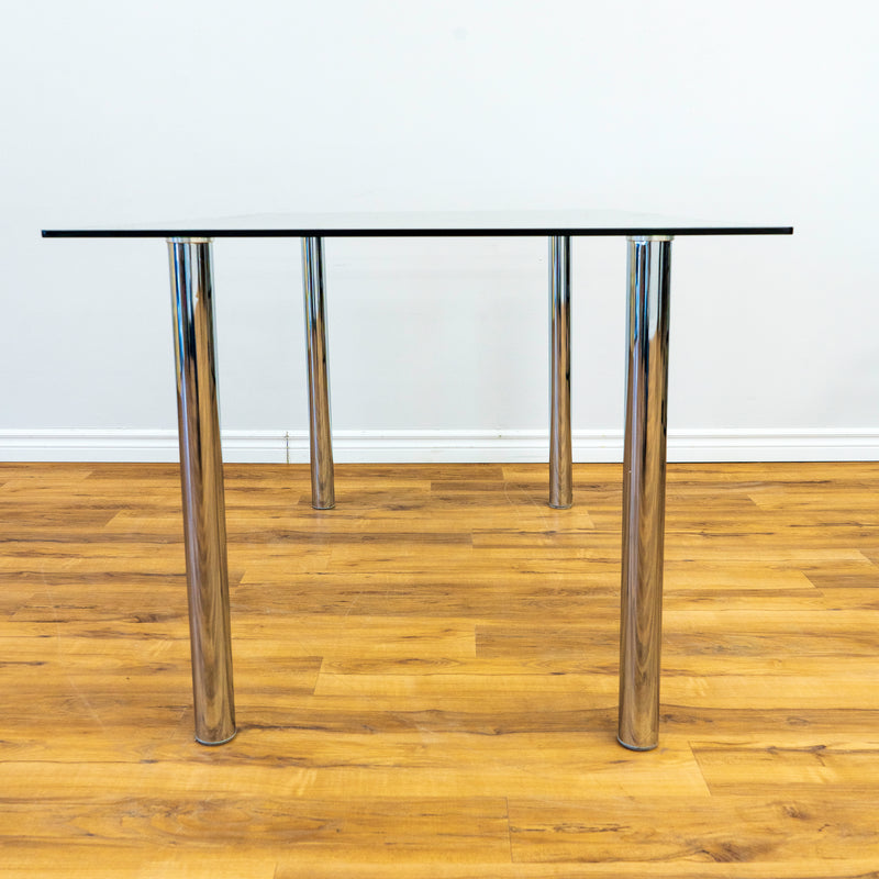 Glass Top Chrome Column Leg Dining Table Clean Minimalist Design