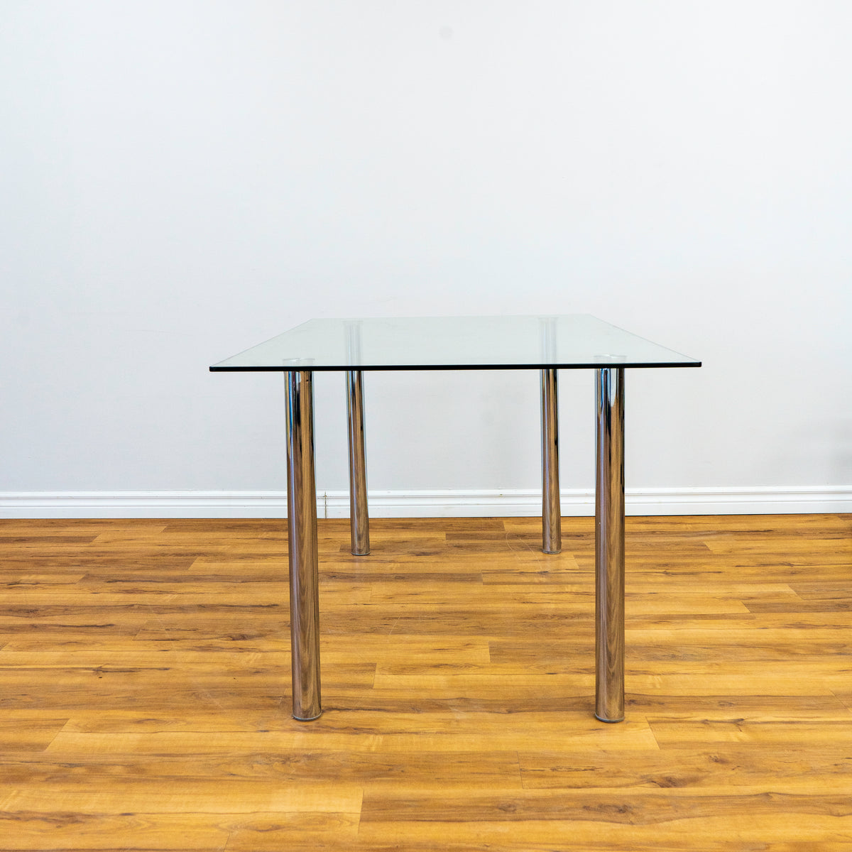 Glass Top Chrome Column Leg Dining Table Clean Minimalist Design