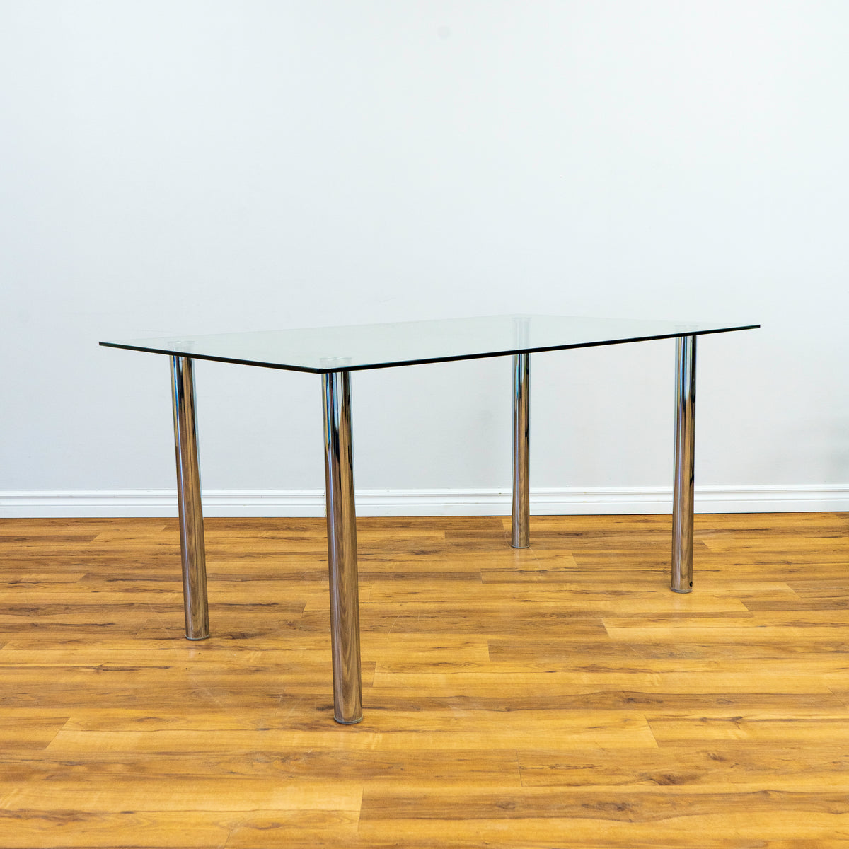 Glass Top Chrome Column Leg Dining Table Clean Minimalist Design