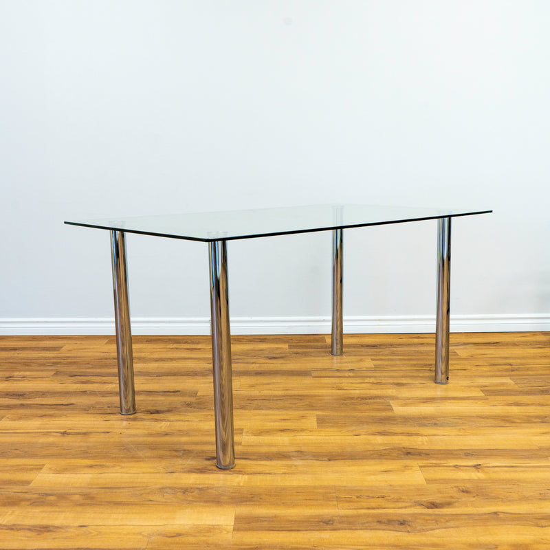 Glass Top Chrome Column Leg Dining Table Clean Minimalist Design