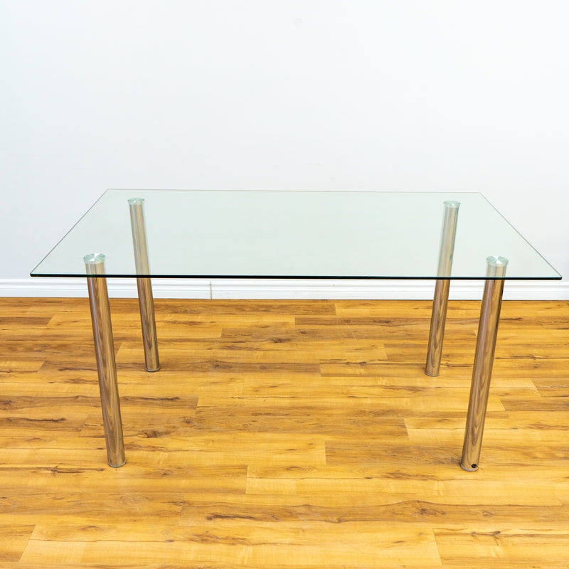 Glass Top Chrome Column Leg Dining Table Clean Minimalist Design