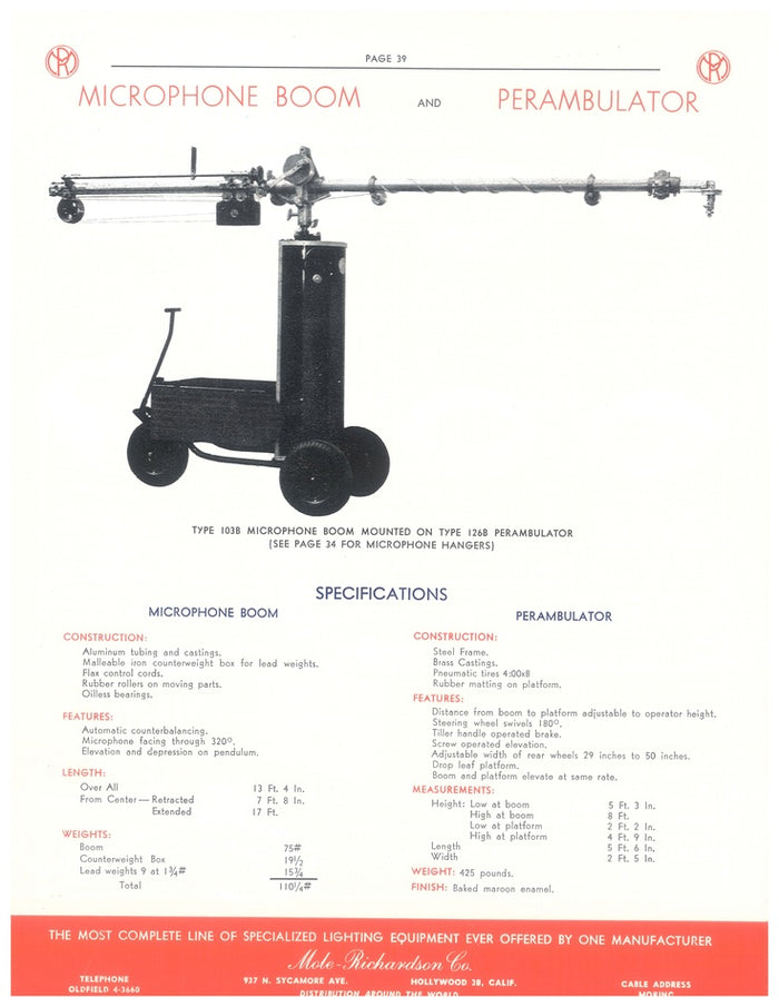 MOLE-RICHARDSON CO. Microphone/Camera Boom and Perambulator Type 103B/Type 126B