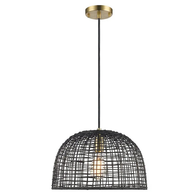 Monteaux Lighting 1-Light in Black and Brass Basket Pendant with Natural Woven Shade