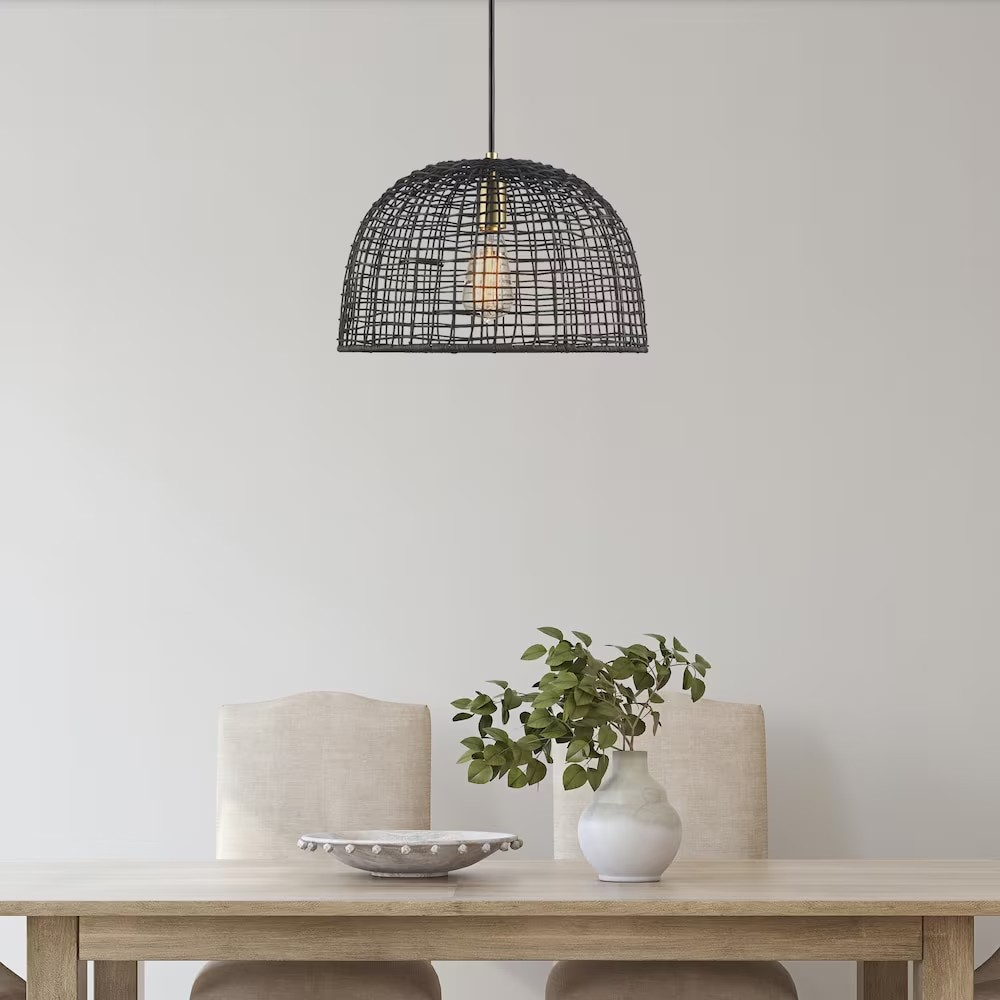 Monteaux Lighting 1-Light in Black and Brass Basket Pendant with Natural Woven Shade