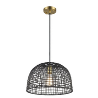 Monteaux Lighting 1-Light in Black and Brass Basket Pendant with Natural Woven Shade