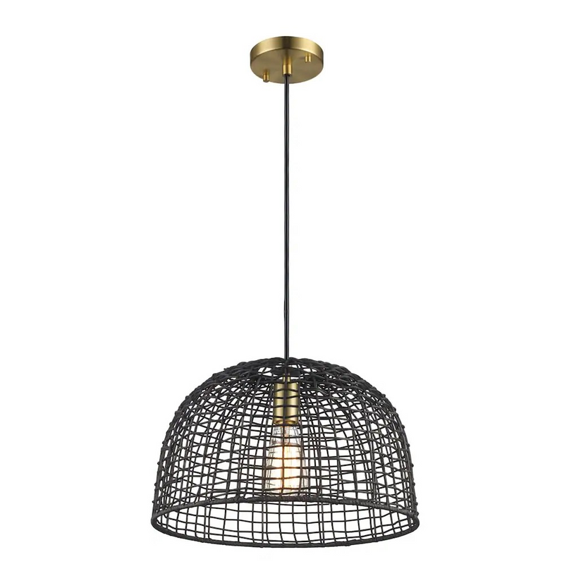 Monteaux Lighting 1-Light in Black and Brass Basket Pendant with Natural Woven Shade