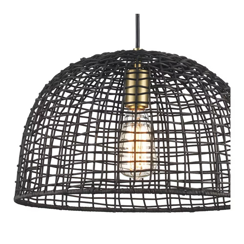 Monteaux Lighting 1-Light in Black and Brass Basket Pendant with Natural Woven Shade