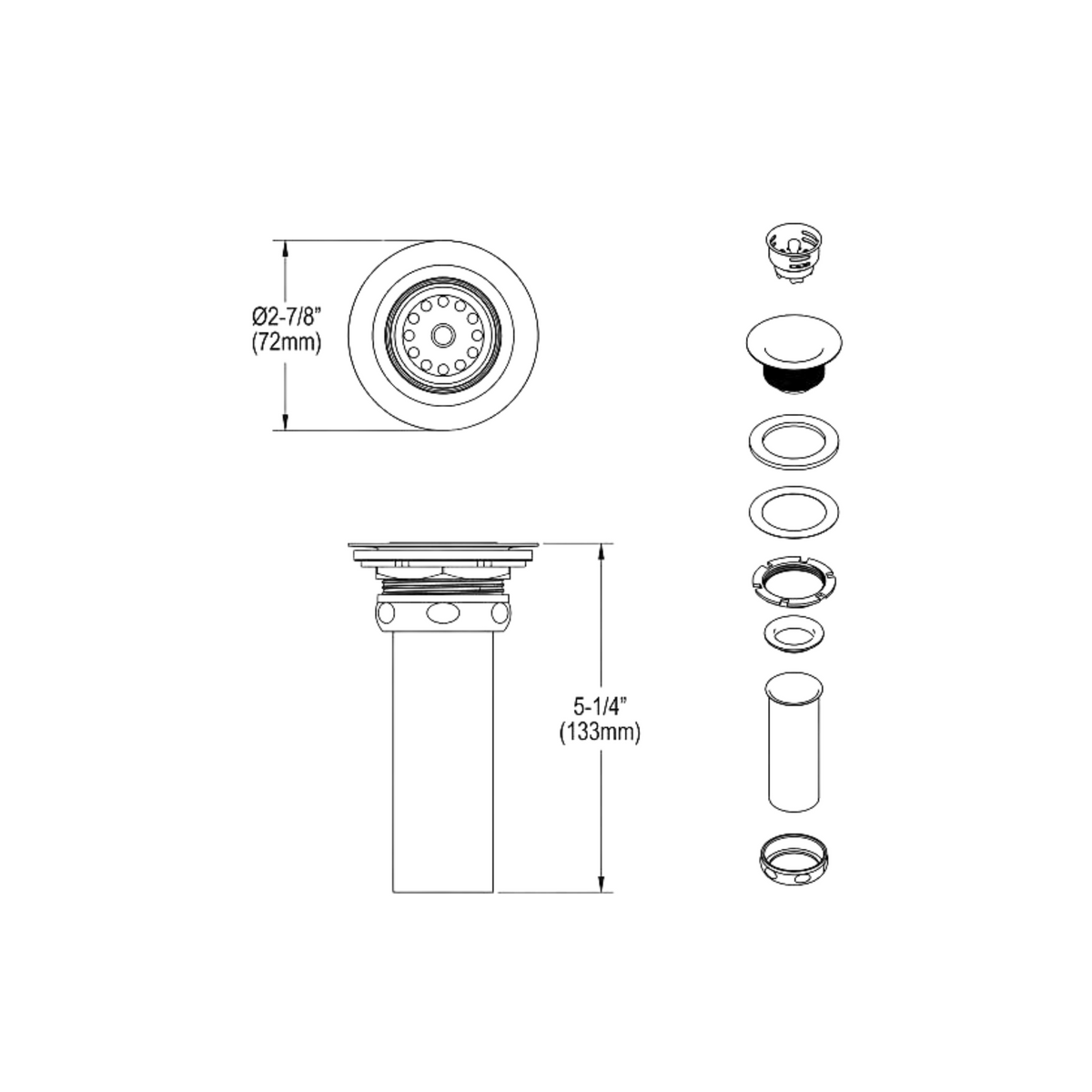 Elkay 2" Drain Fitting Type 304 Stainless Steel Body Stainless Steel Strainer Basket and Rubber Seal