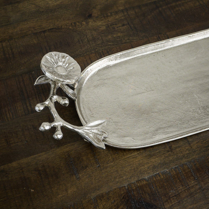 20.5x6.5-Inch Oval Metal Tray with Floral Handles