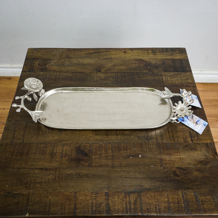 20.5x6.5-Inch Oval Metal Tray with Floral Handles