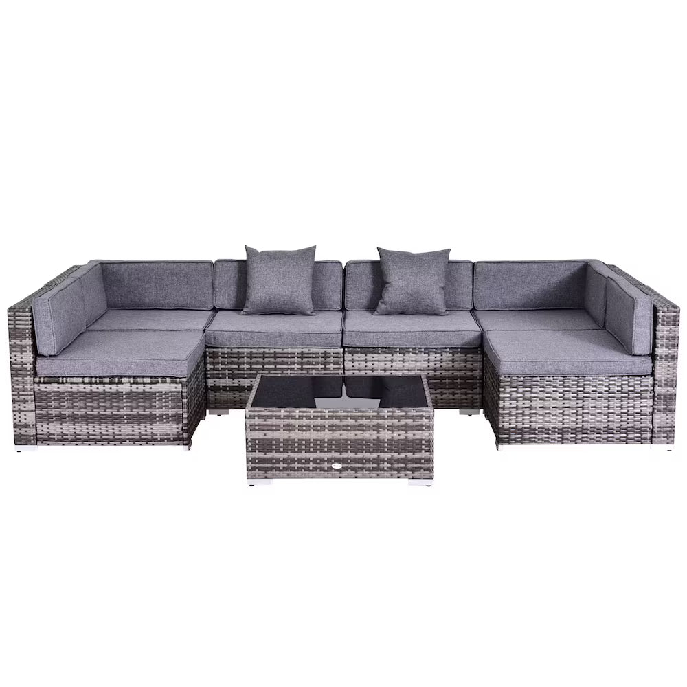 Outsunny 7 Pieces Outdoor Lounge Set Garden Wicker Sectional Sofa Set, Grey