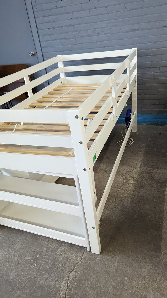 SCANICA White Loft Bed w/ Built-in Rolling Desk, Bookshelf, and Dresser 78" x 42.5"