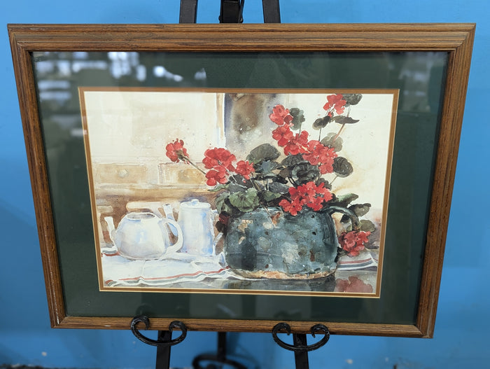 "Still Life of Red Geraniums Coffee and Tea Pot" By Dawna Darton Framed Print Artwork