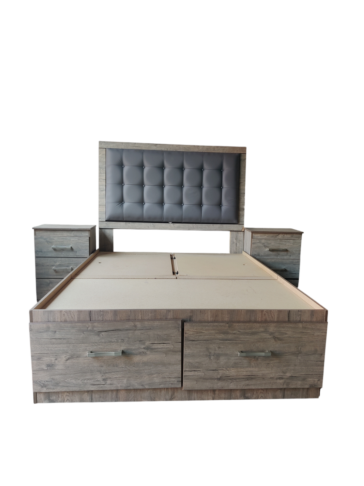 Taupe Faux Wood Queen Bed Frame