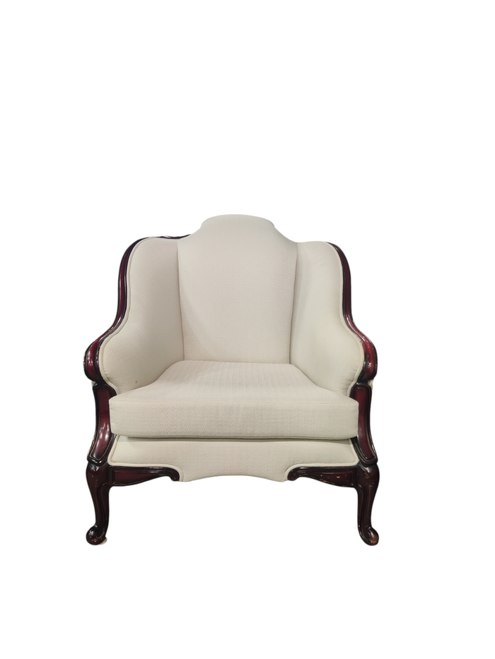 White Armchair with Deep Red Wood Frame