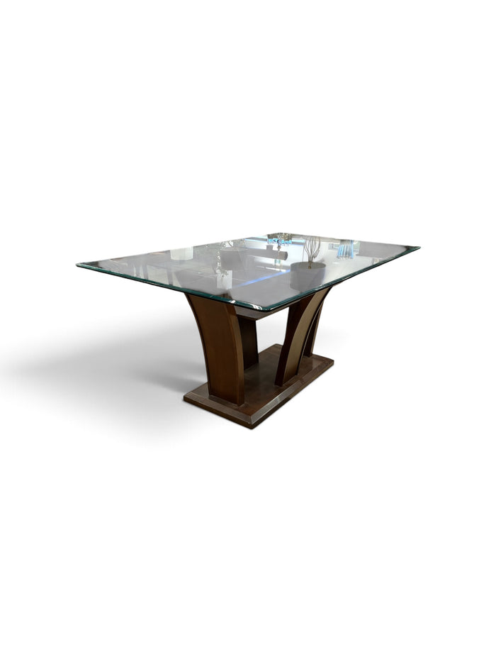 Maurice Rectangular Glass Top Dining Table with Curved Wooden Base