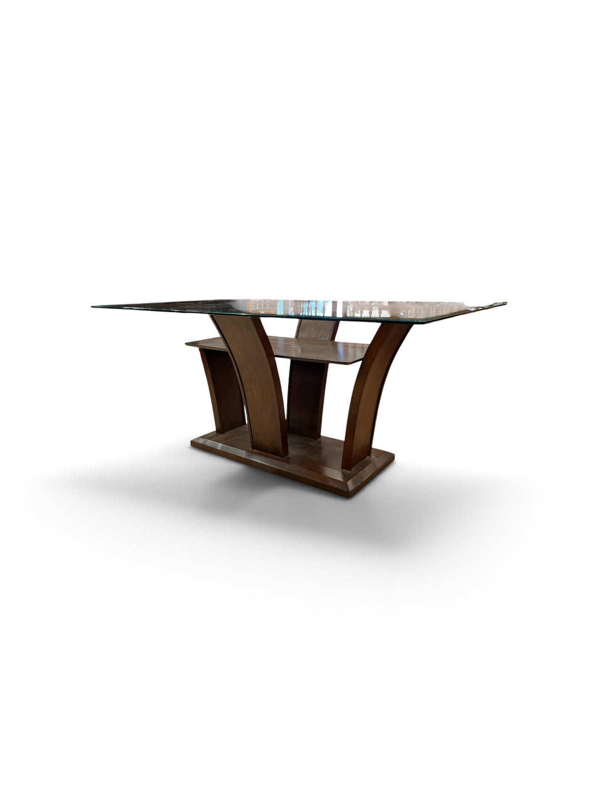 Maurice Rectangular Glass Top Dining Table with Curved Wooden Base