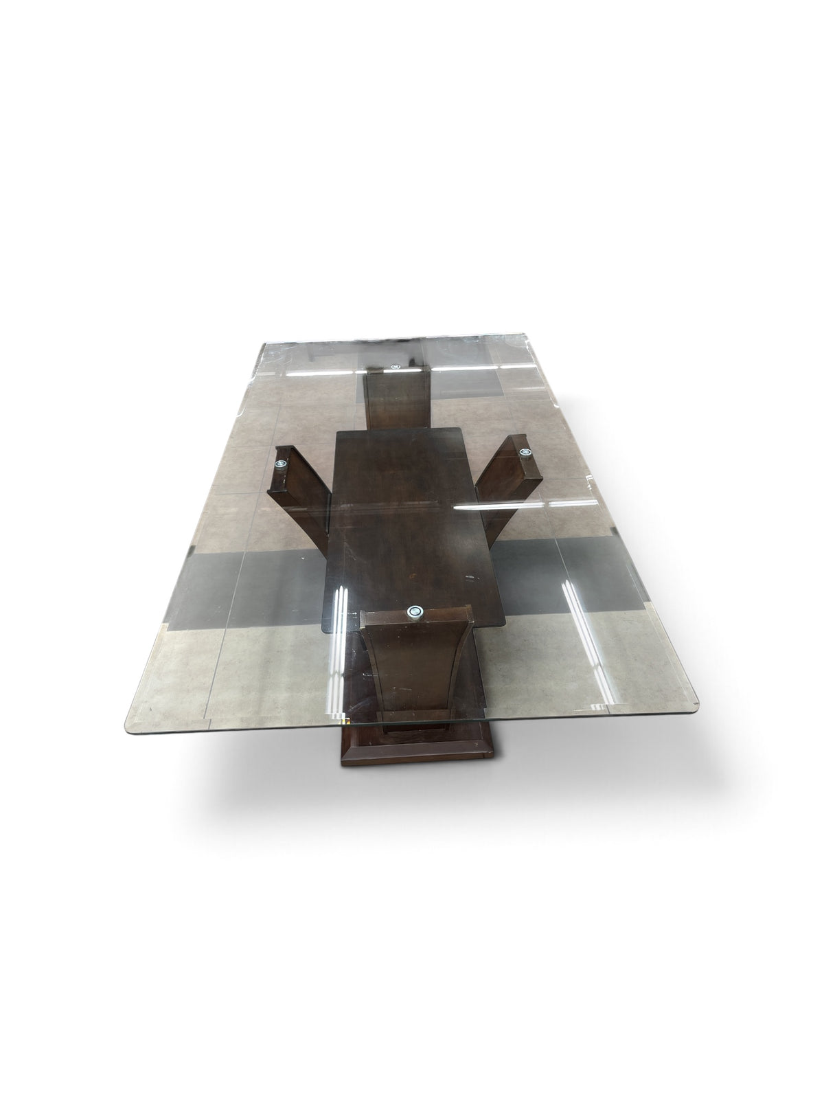 Maurice Rectangular Glass Top Dining Table with Curved Wooden Base