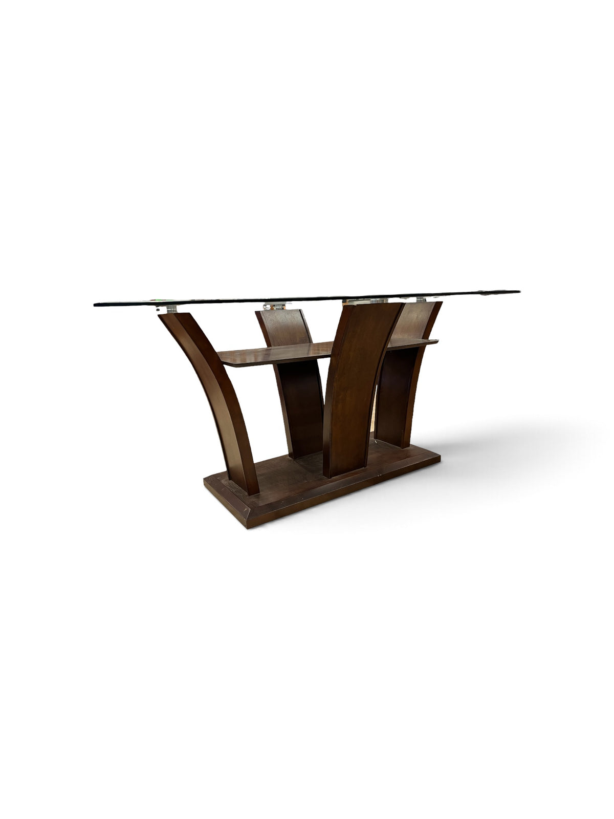 Maurice Rectangular Glass Top Dining Table with Curved Wooden Base