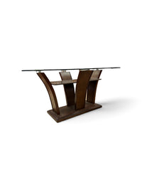 Maurice Rectangular Glass Top Dining Table with Curved Wooden Base