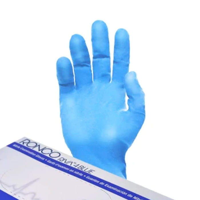 RONCO RIVA 4 Blue Nitrile Gloves, Dispenser Pack of 100, Large, Powder-Free, 915L