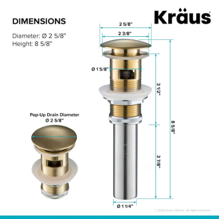 Kraus Pop-Up Drain for Bathroom Sink with Overflow in Brushed Gold
