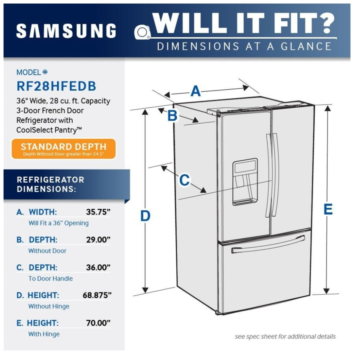 Samsung French Door Refrigerator, 36 inch Width, 28.1 cu. ft. Capacity, Stainless Steel