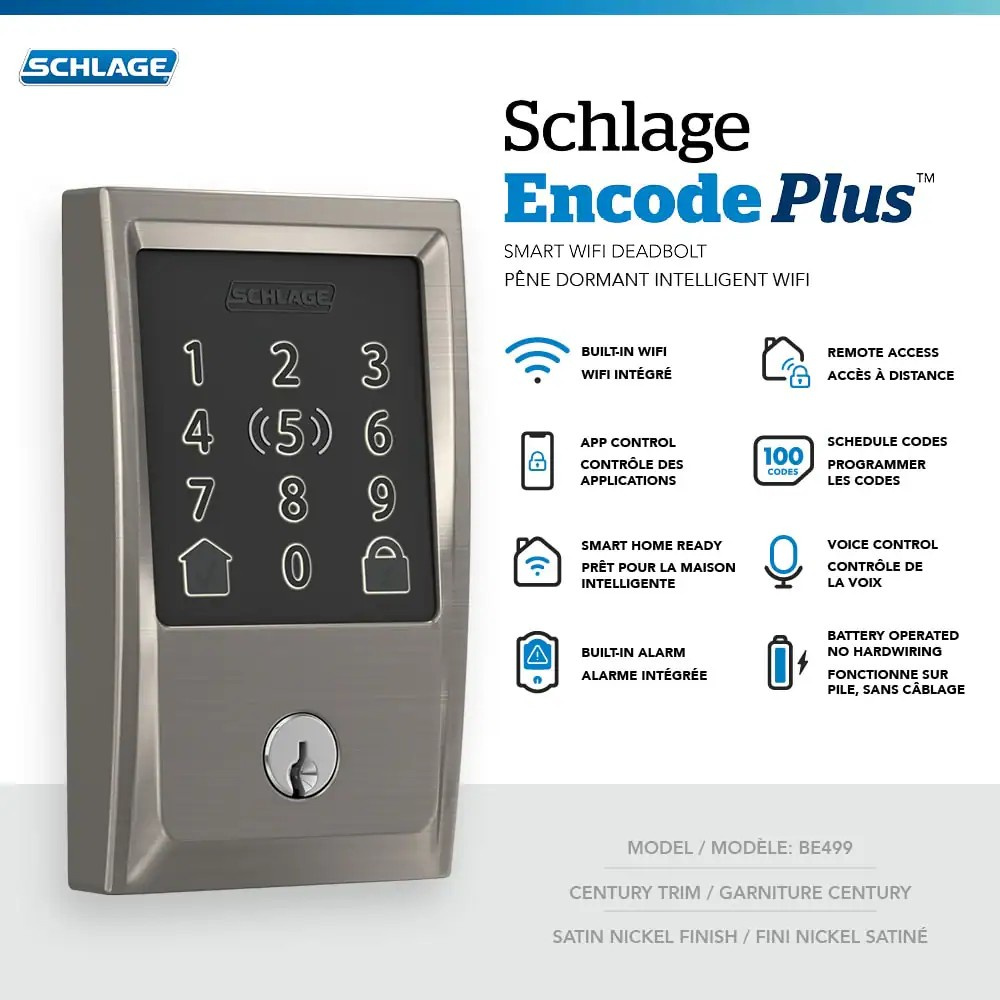 Schlage Encode Plus Electronic Smart lock Wifi Deadbolt Century Satin Nickel with Apple Home Key