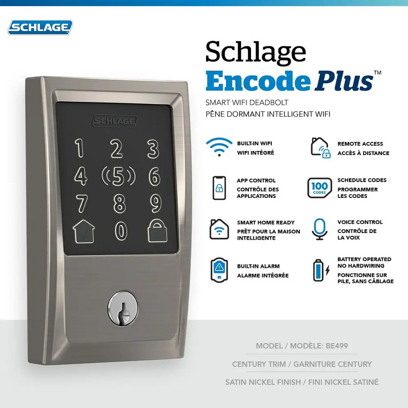 Schlage Encode Plus Electronic Smart lock Wifi Deadbolt Century Satin Nickel with Apple Home Key