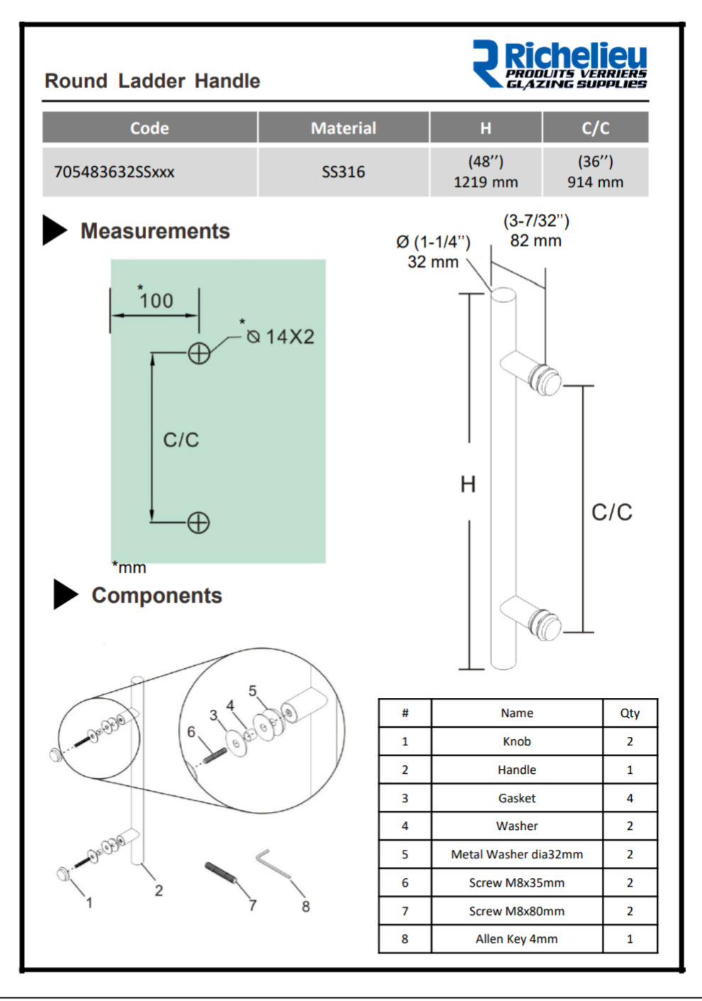 RICHELEIU Stainless Steel Tubular Handle Single Mount Ladder Type