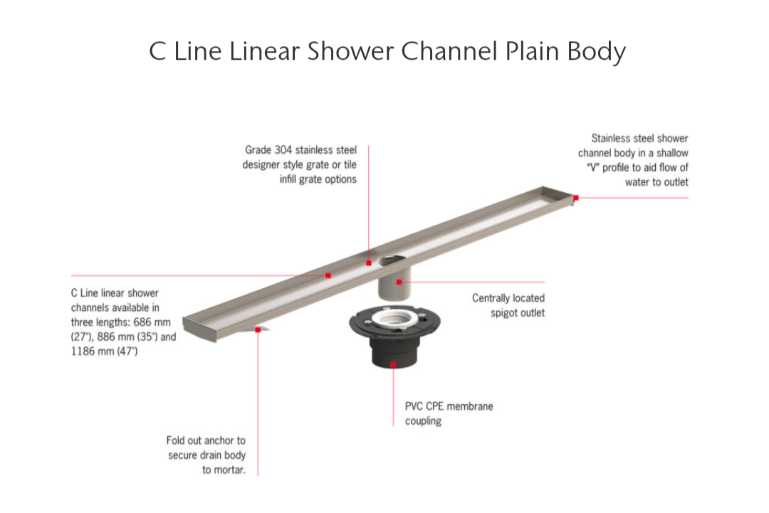 ACO Shower Drain C 27" Plain Body+Grate+Outlet Adapter