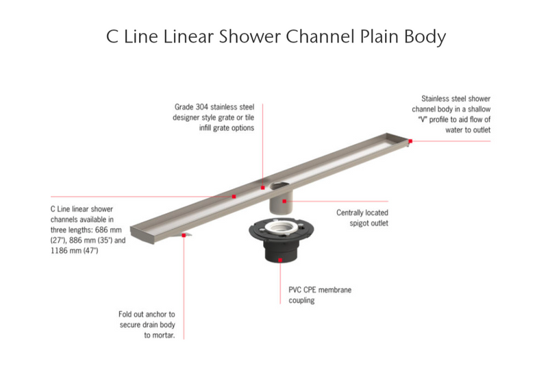 ACO Shower Drain C 27" Plain Body+Grate+Outlet Adapter