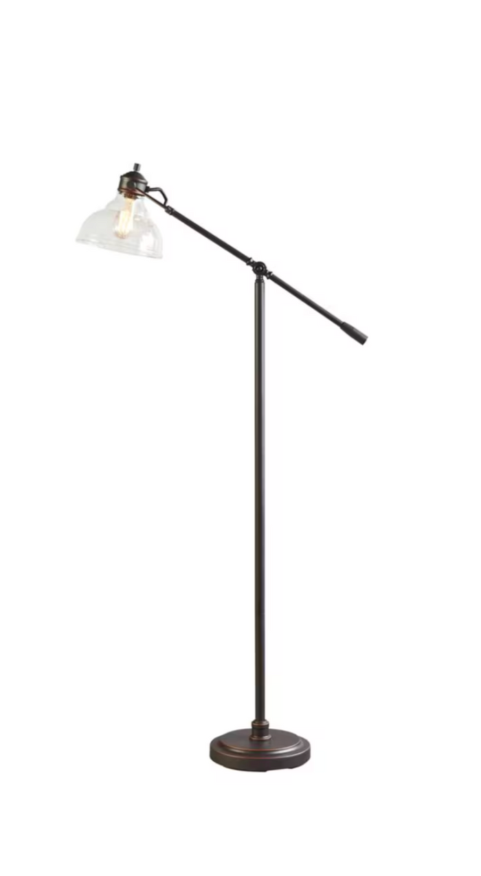 HOME DECORATORS 54.25" H 1-Light Black Floor Lamp with Adjustable Swing Arm and Bell Clear Glass Shade