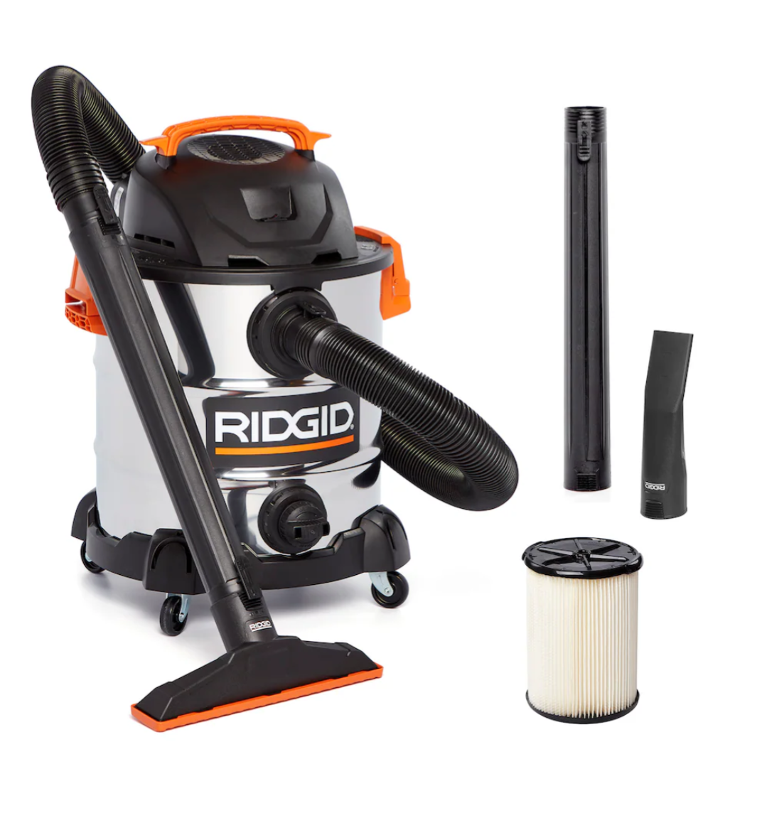 RIDGID 37.5L (10 Gal.) 6.0 Peak HP Stainless Steel Wet Dry Shop Vacuum with Filter, Hose and Accessories