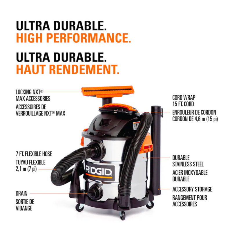 RIDGID 37.5L (10 Gal.) 6.0 Peak HP Stainless Steel Wet Dry Shop Vacuum with Filter, Hose and Accessories