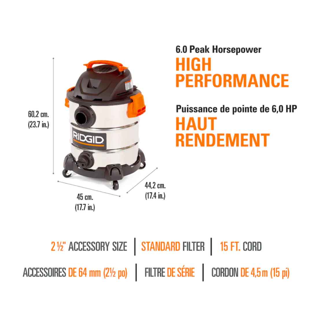 RIDGID 37.5L (10 Gal.) 6.0 Peak HP Stainless Steel Wet Dry Shop Vacuum with Filter, Hose and Accessories