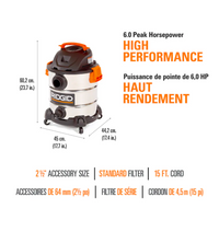 RIDGID 37.5L (10 Gal.) 6.0 Peak HP Stainless Steel Wet Dry Shop Vacuum with Filter, Hose and Accessories