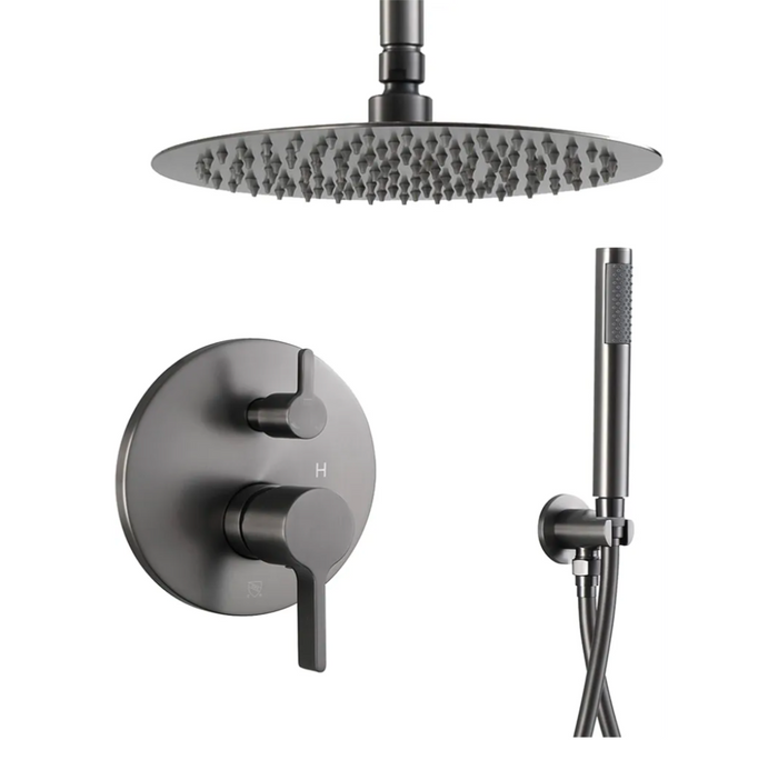 MONDAWE 10" Shower System in Gun Black, Ceiling Mounted Round Shower Head with Handheld Shower, High Pressure Bathroom Shower Set with Rough-in Valve