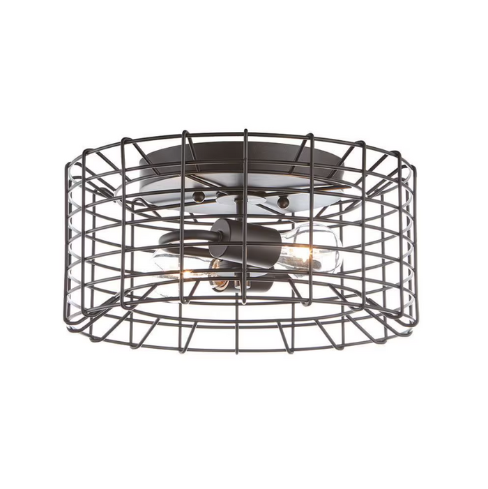 2-Light Black Flush Mount Ceiling Light Fixture with Metal Wire Caged Shade