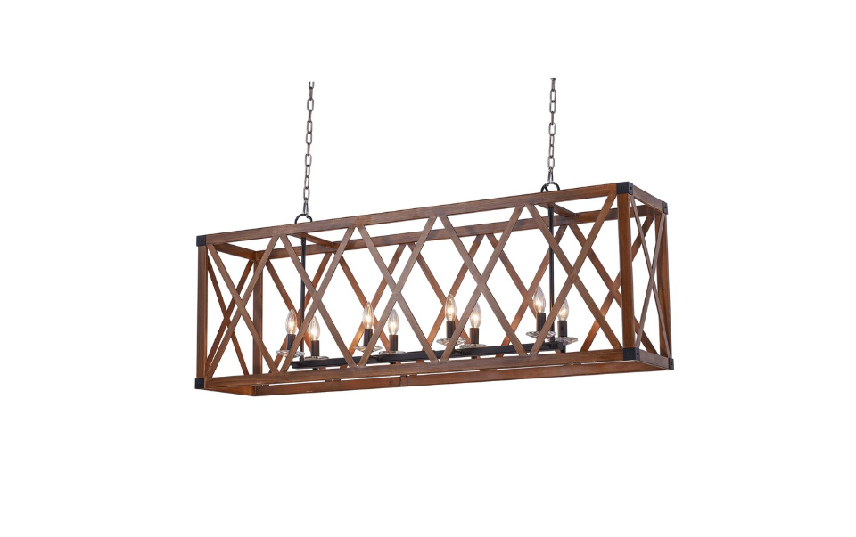 8 Light Chandelier with Wood Grain Brown Finish