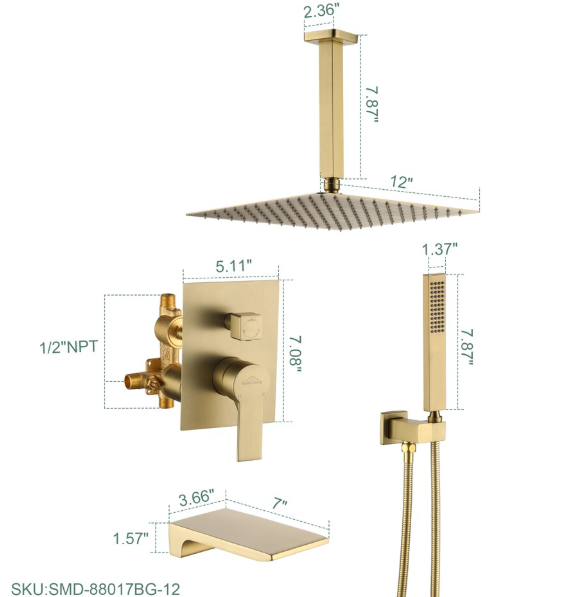 CASAINC Ceiling Mount Single-Handle Tub and Shower Faucet with 12 in